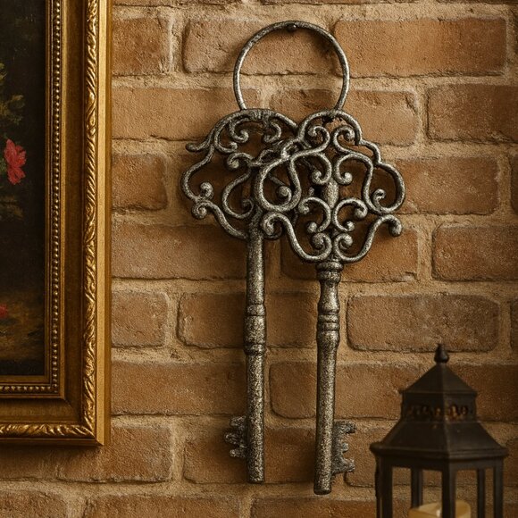 Large 12" Ornate Cast Iron Antique Style Keys Silver Wall Home Decor - Picture 1 of 8